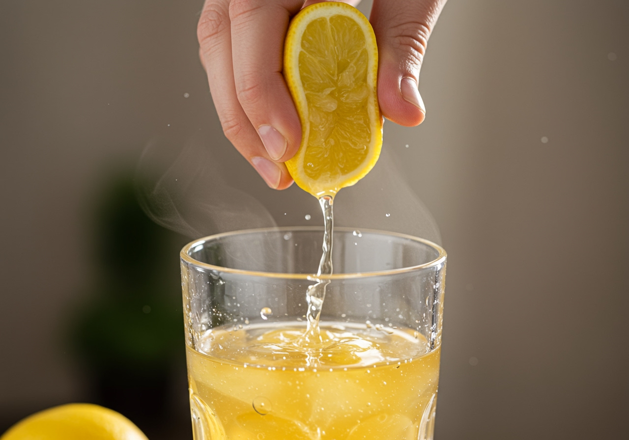 A hand squeezing a fresh lemon into a glass with honey and warm water.