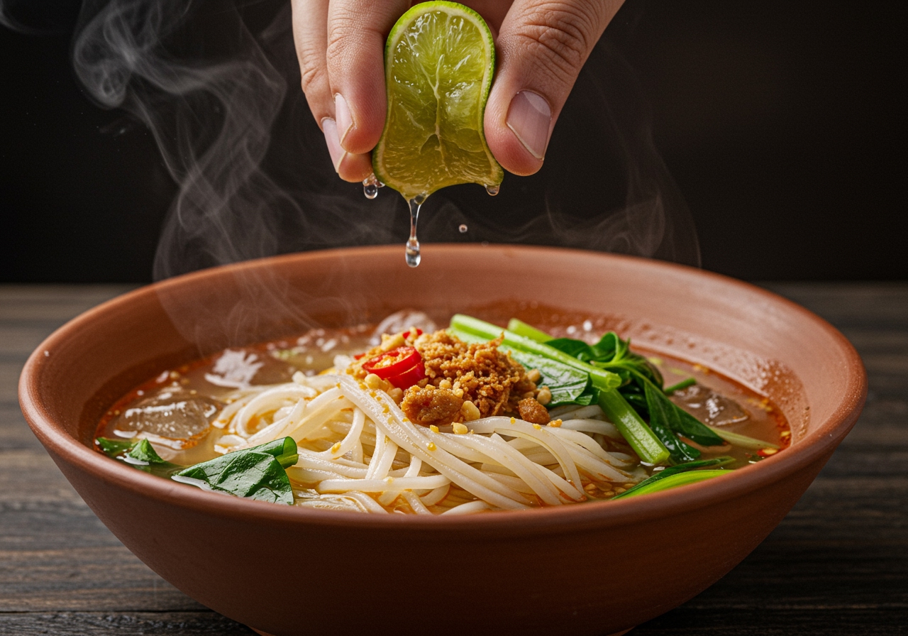 A hand squeezing a lime wedge over a bowl of cold Mohinga-style noodles, with steam rising subtly (if possible for cold dish).