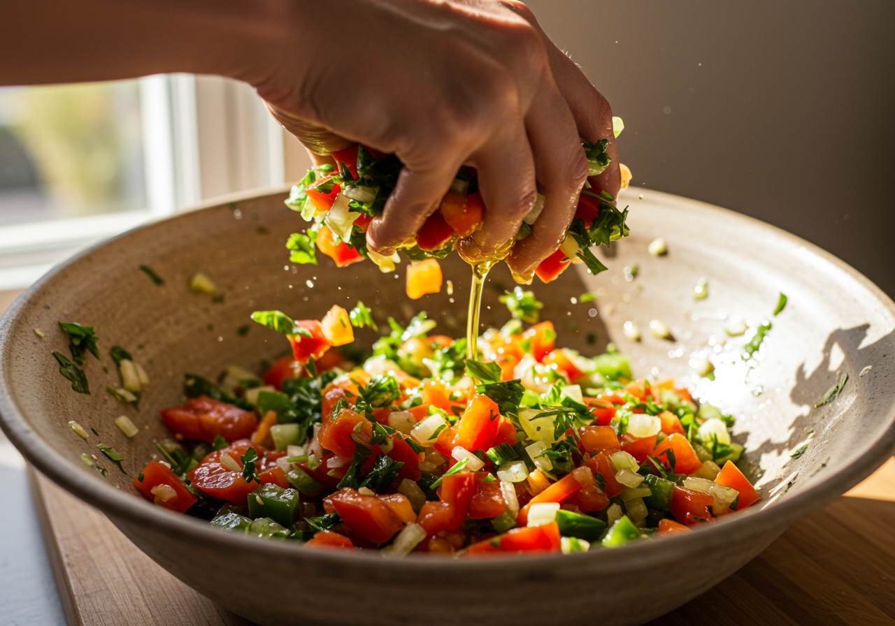 A hand tossing chopped vegetables with olive oil and herbs in a large bowl.