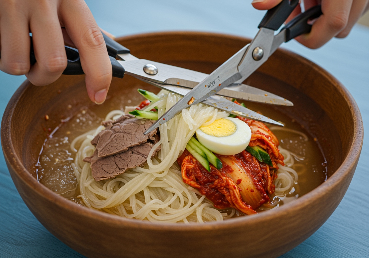 A hand using scissors to cut the noodles in a bowl of Korean cold noodles (Milmyeon or Naengmyeon)