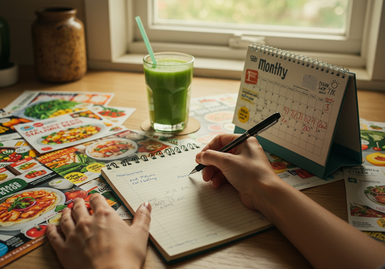 A hand writing a detailed meal plan on a notepad, surrounded by grocery flyers and a calendar.