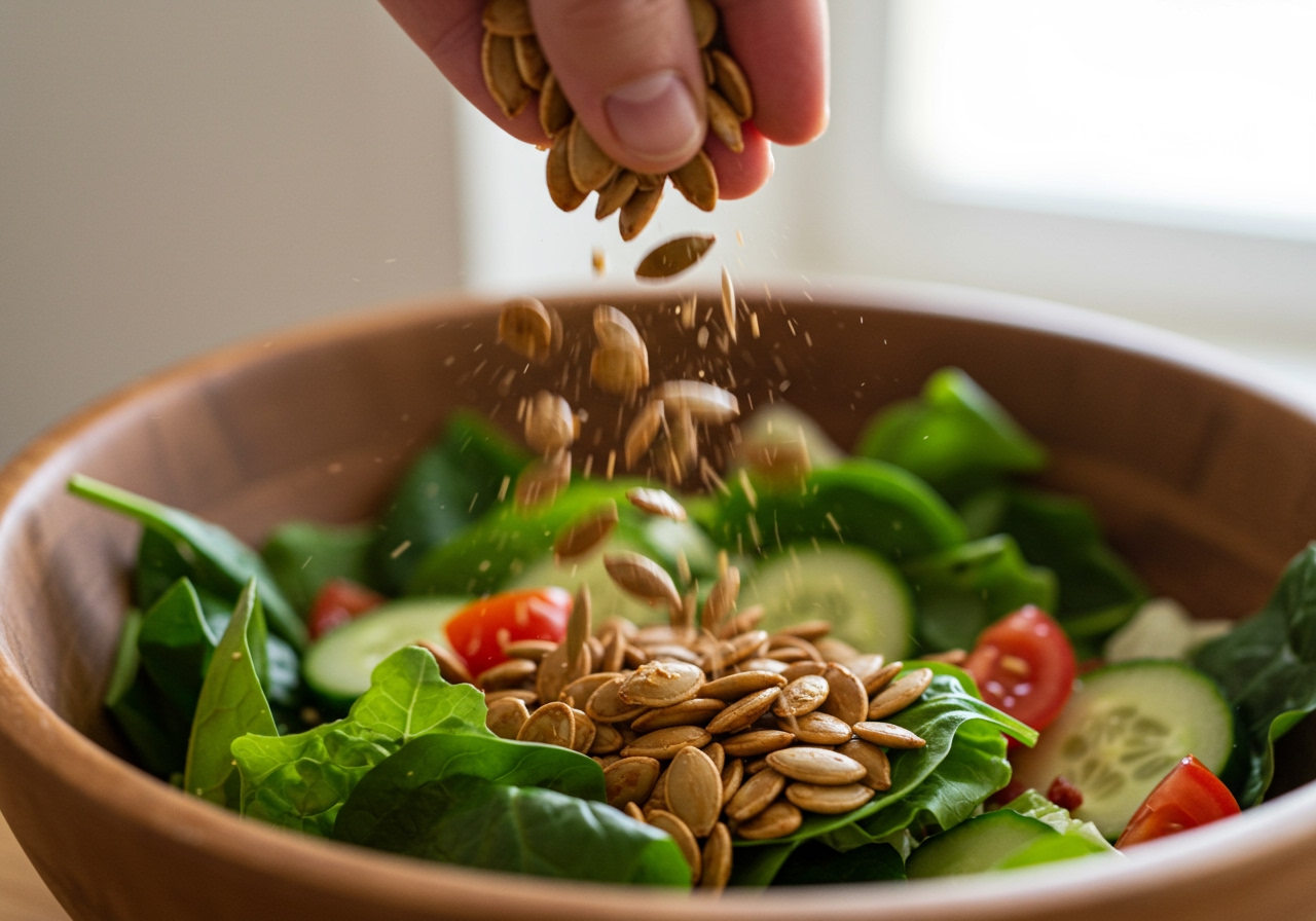 A handful of roasted pumpkin seeds being sprinkled onto a salad