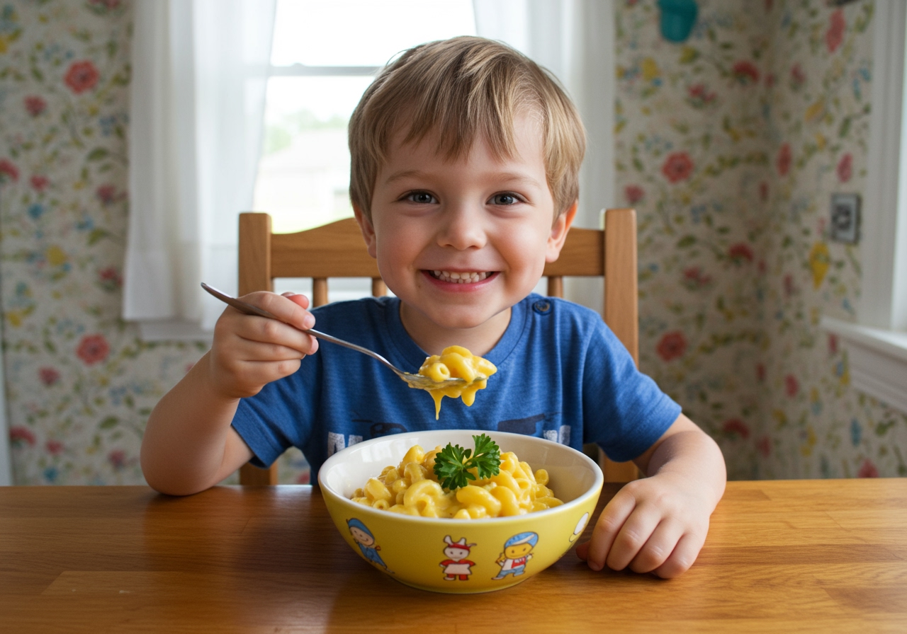 A happy child eating a bowl of homemade mac and cheese, with some hidden vegetables in it. The scene is bright and cheerful, showing family-friendly healthy eating.