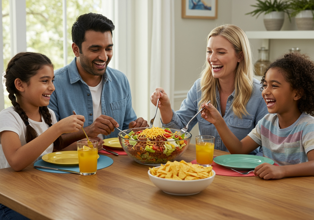 A happy, diverse family of four enjoying Doria Taco Salad together at a brightly lit dining table, laughing and serving themselves from a large, colorful salad bowl.