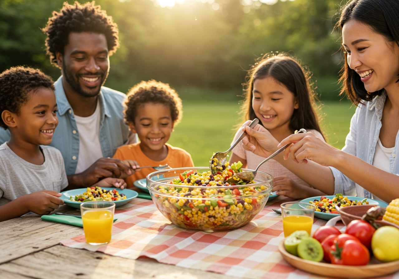 A happy family enjoying a summer meal outdoors, with a large bowl of healthy corn and black bean salad as the centerpiece, depicting health and togetherness.