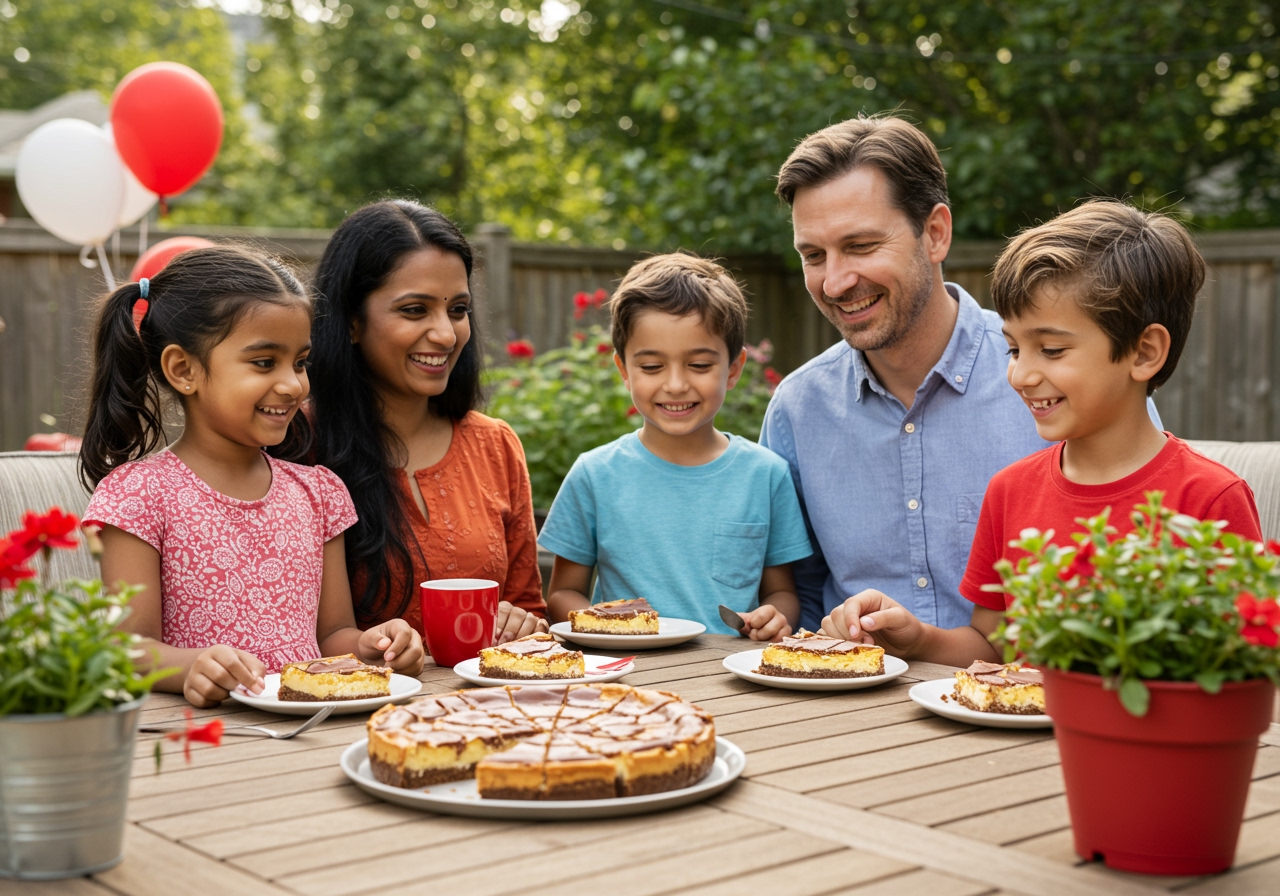 A happy family enjoying slices of the healthy Nanaimo bar cheesecake on a patio during a summer gathering, with subtle signs of Canada Day celebration.