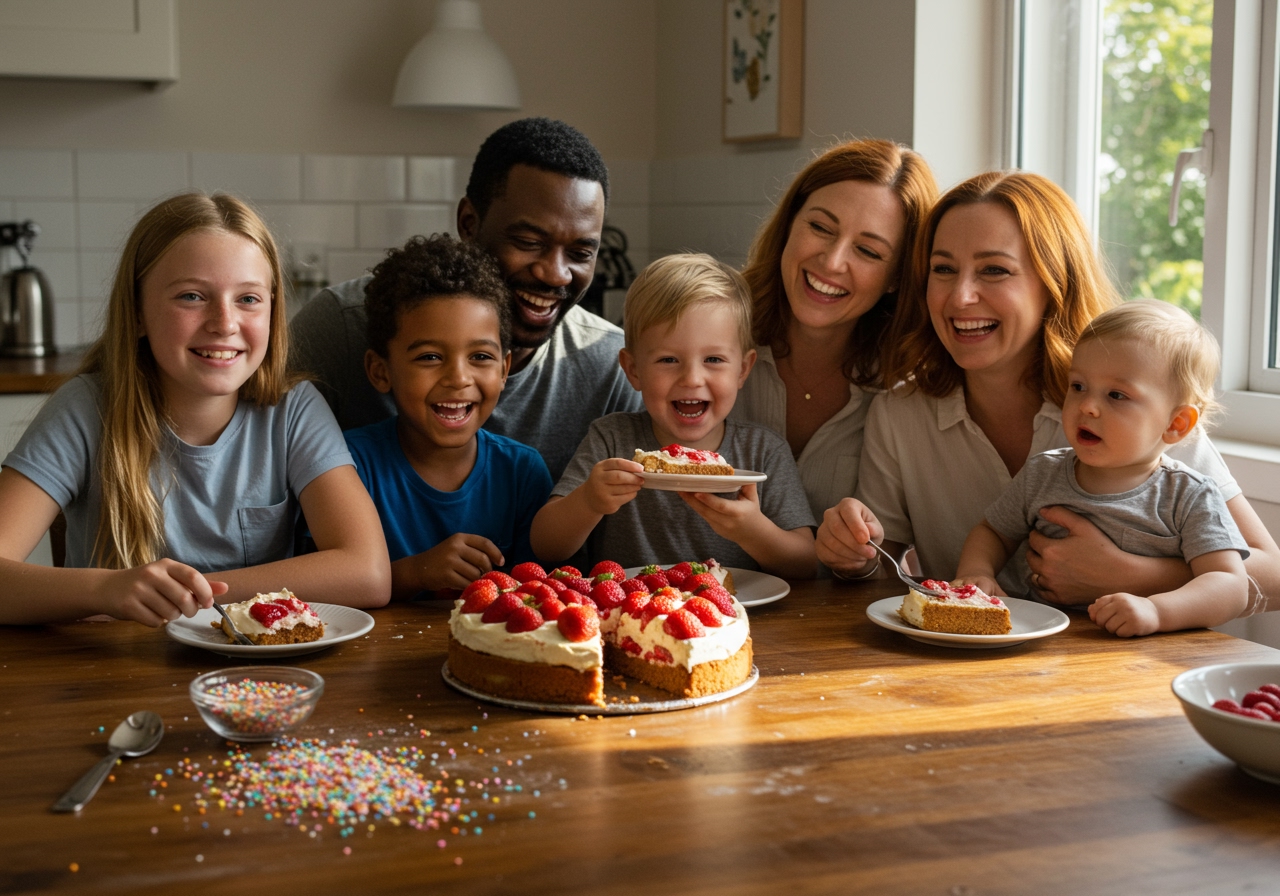 A happy family gathered around a table, sharing slices of homemade strawberry and cream cake, smiling and enjoying the moment.