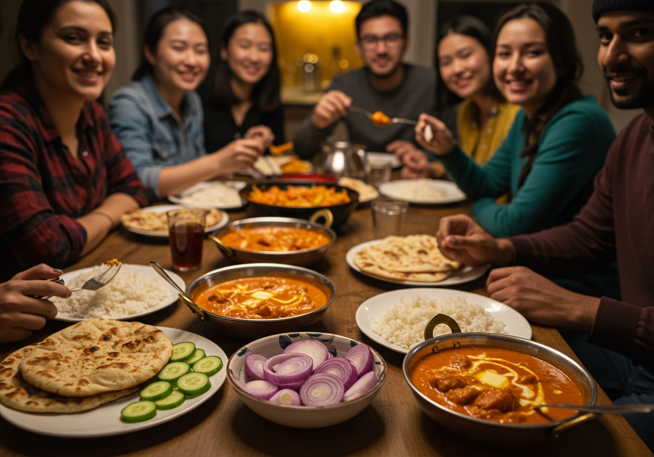 A happy family or group of friends enjoying a meal of homemade authentic Butter Chicken Curry, served with rice and naan. The atmosphere is warm and inviting.
