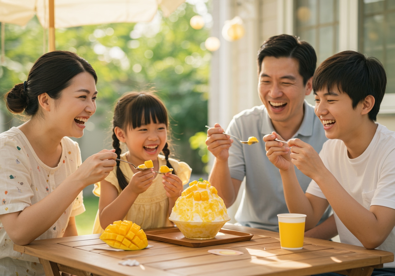 A happy family or group of friends enjoying homemade Taiwanese mango shaved ice together around a table.