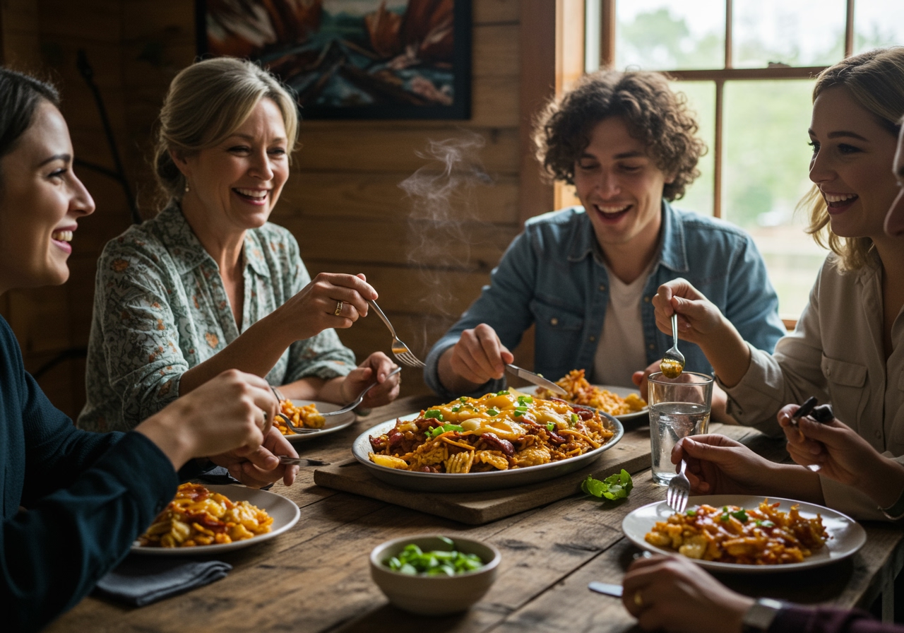 A happy family or group of friends sharing a meal around a table, with a steaming platter of Kelly's Hot Hash in the center.