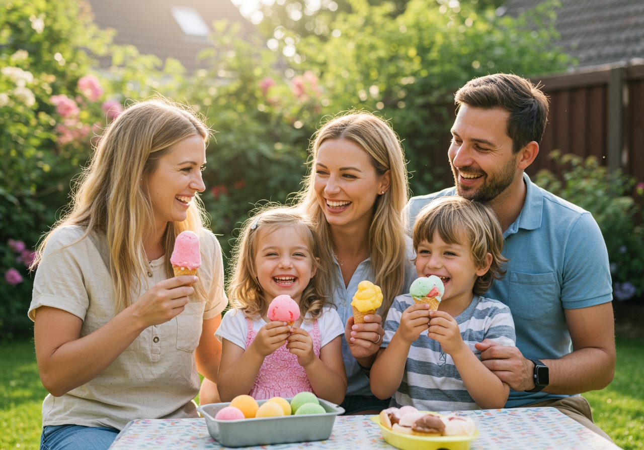 A happy family (parents and children) enjoying homemade novelty ice creams on a sunny day in a backyard