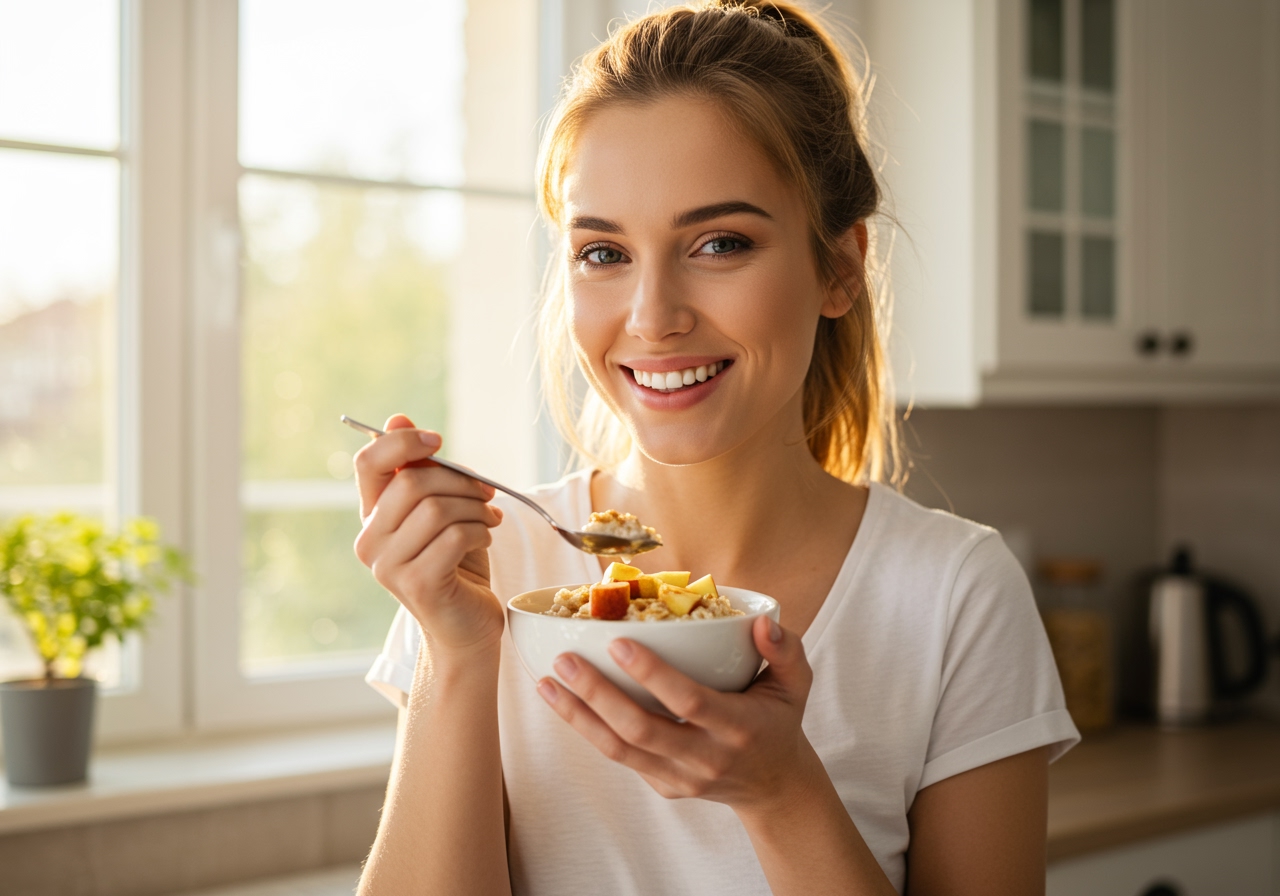 A happy person enjoying a bowl of healthy oatmeal with apples for breakfast, sunlight streaming through a window in the background.