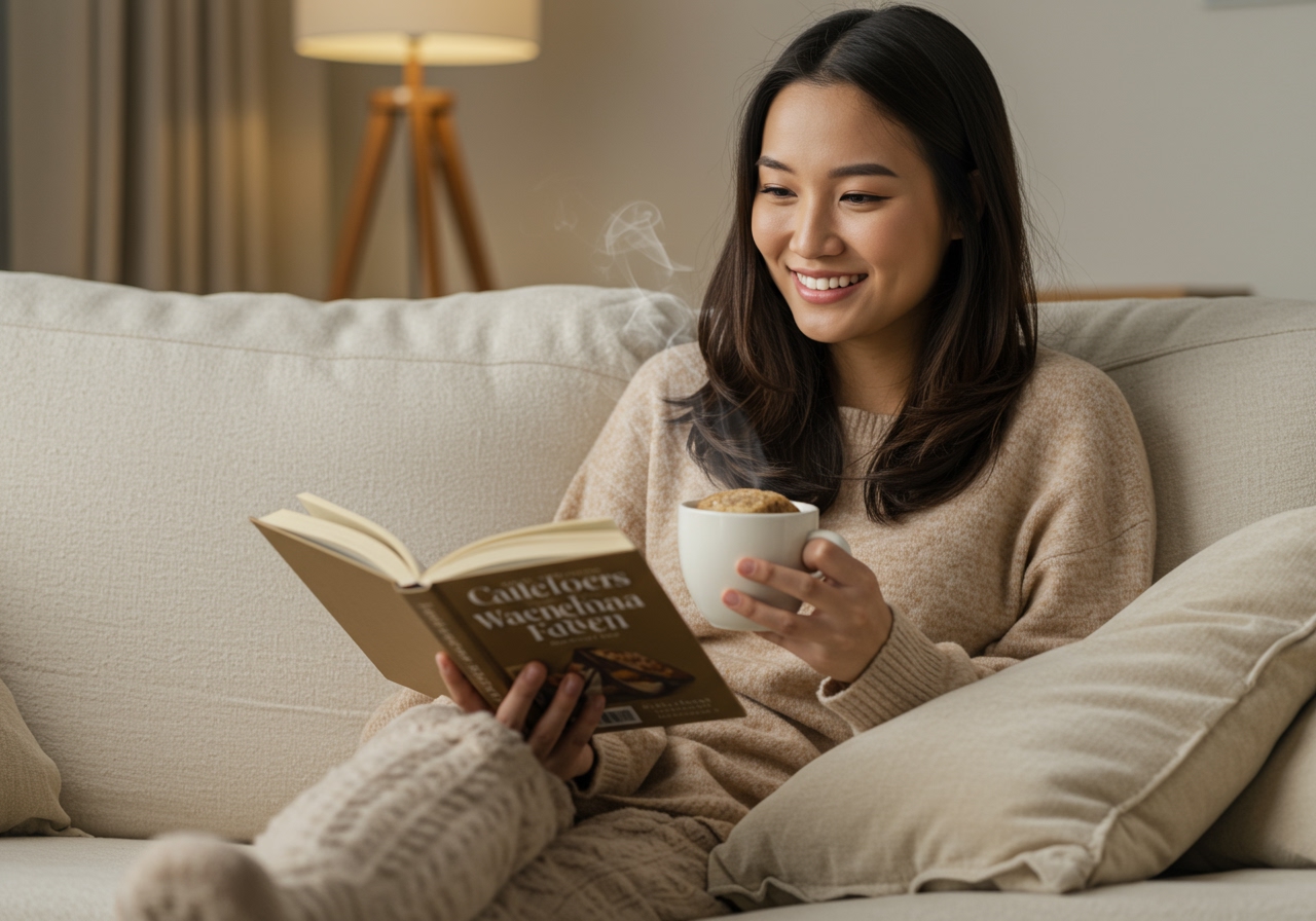 A happy person is sitting on a couch, enjoying a warm banana bread mug cake while reading a book, depicting a relaxed and comfortable moment.