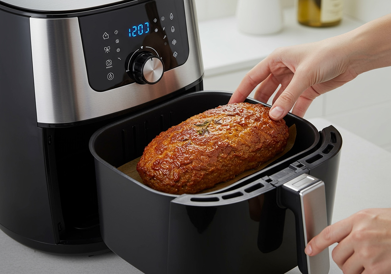A healthy air fryer meatloaf being carefully placed into the basket of a modern black air fryer. The meatloaf is perfectly shaped and ready for cooking.