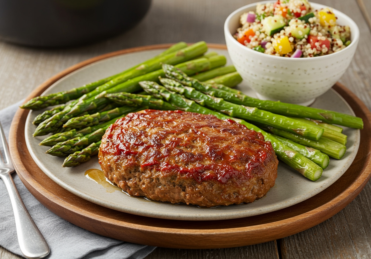 A healthy air fryer meatloaf served with a side of vibrant roasted asparagus and a small bowl of fresh quinoa salad, all beautifully plated.