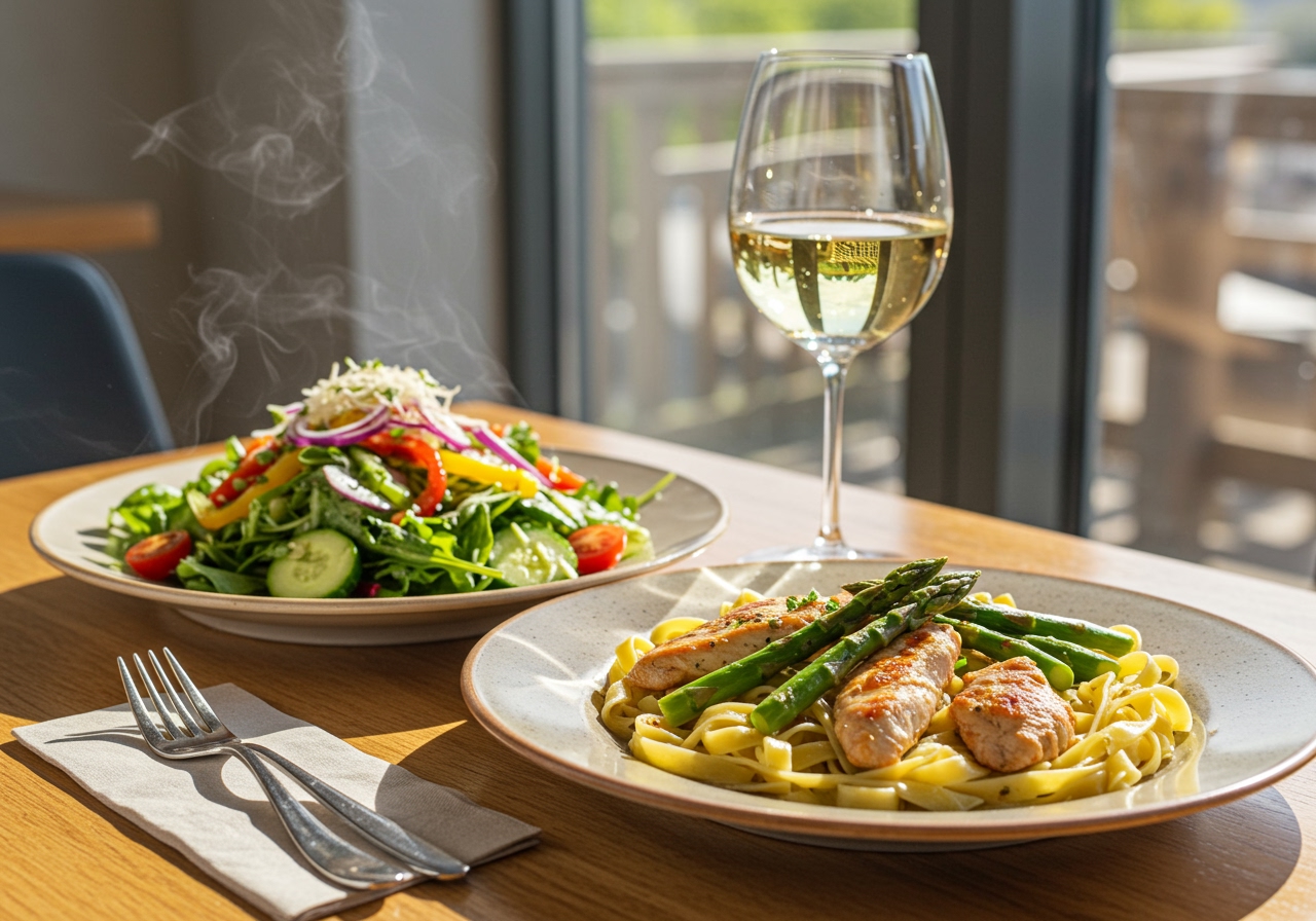 A healthy and balanced meal spread, featuring the chicken and asparagus fettuccine alongside a fresh green salad and a glass of white wine or sparkling water.