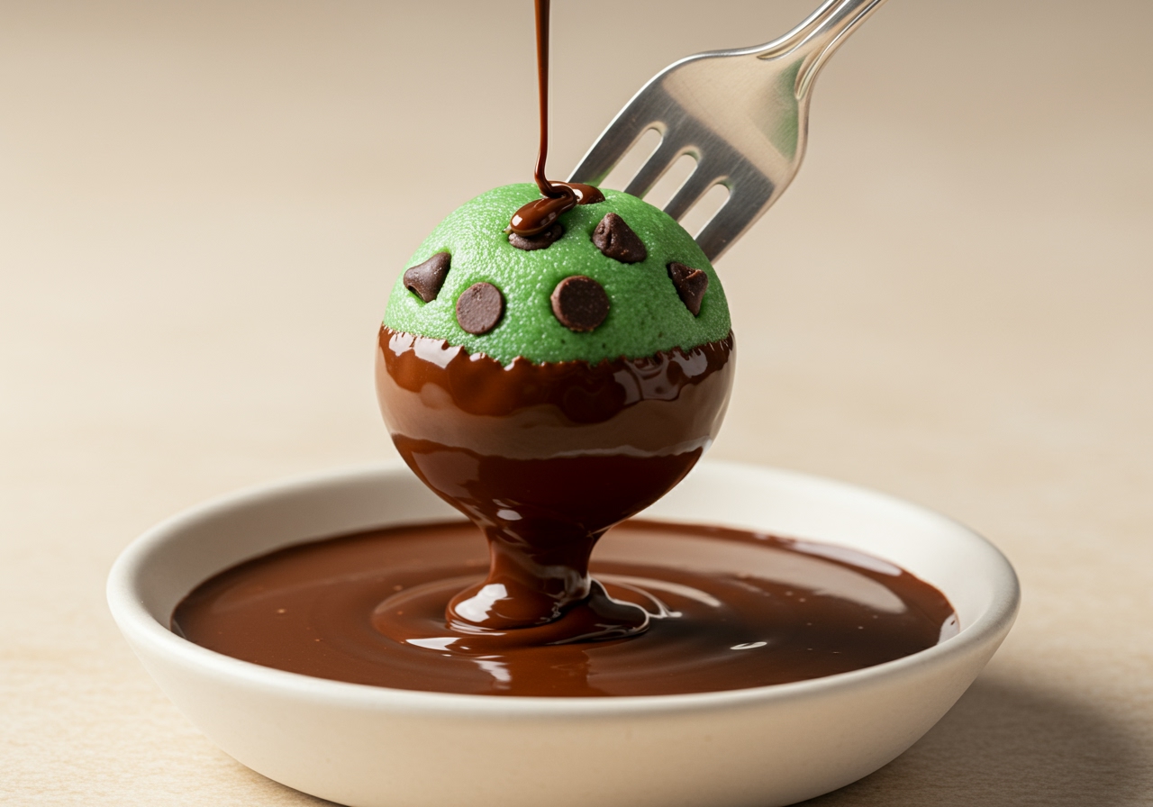 A healthy cookie dough truffle being dipped into melted dark chocolate using a fork or dipping tool.