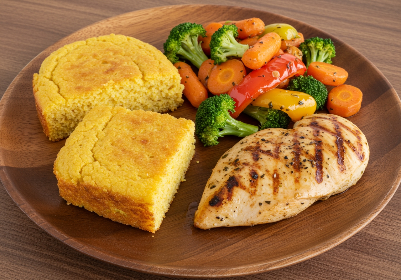 A healthy cornbread serving with a side of colorful roasted vegetables (broccoli, bell peppers, carrots) and a grilled chicken breast, emphasizing a balanced meal.