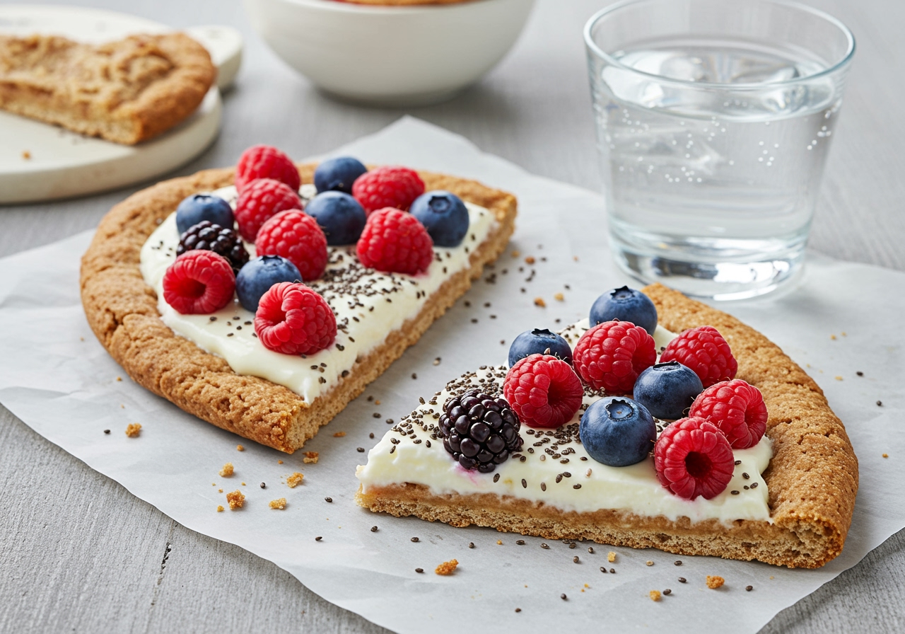A healthy dessert pizza slice with a whole wheat crust, Greek yogurt base, and topped with vibrant fresh berries and a sprinkle of chia seeds, next to a glass of water.