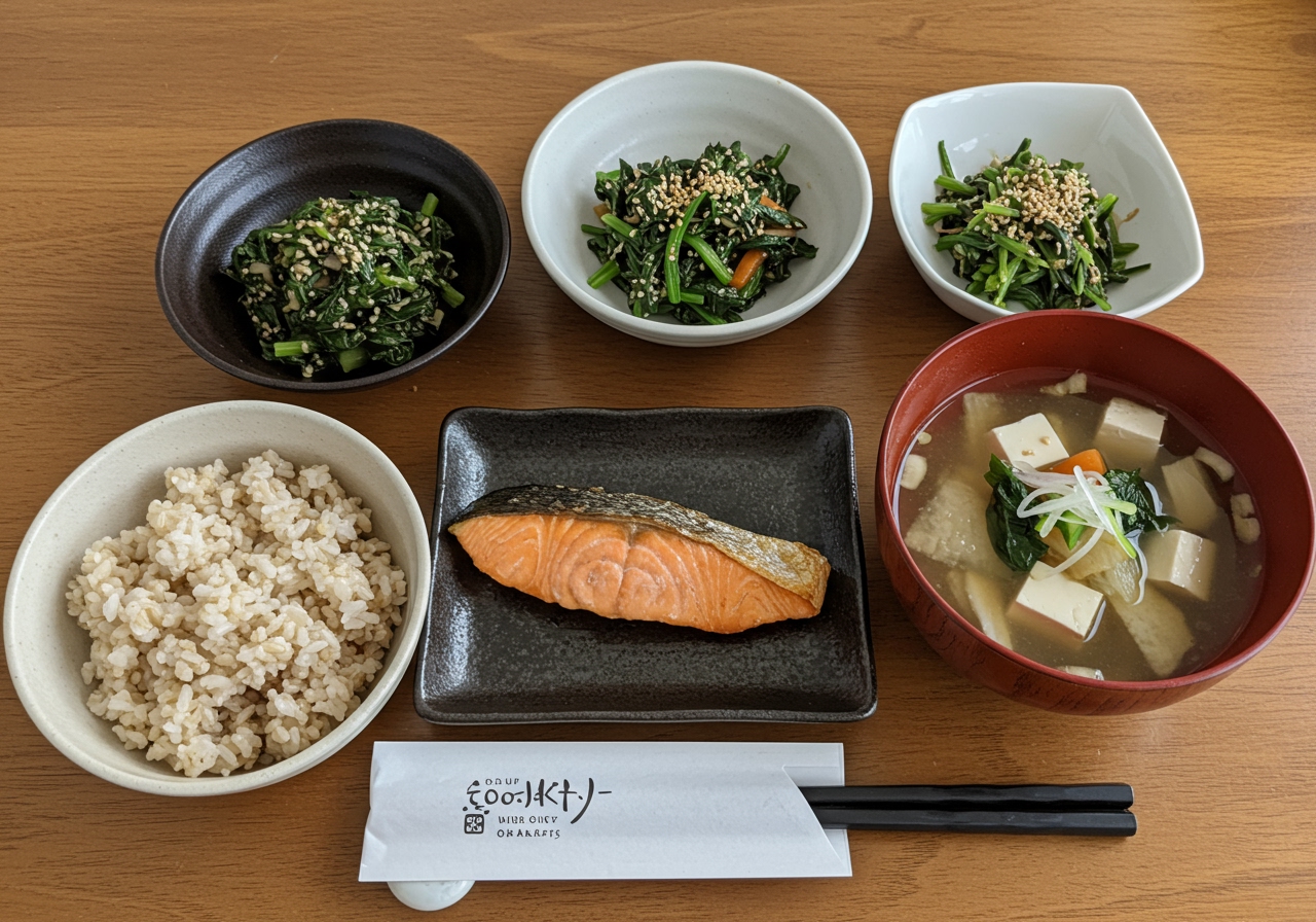 A healthy Japanese set meal with grilled salmon, a small bowl of brown rice, a side dish of blanched spinach with sesame, and a bowl of miso soup with various vegetables and tofu. The presentation is clean and appealing.
