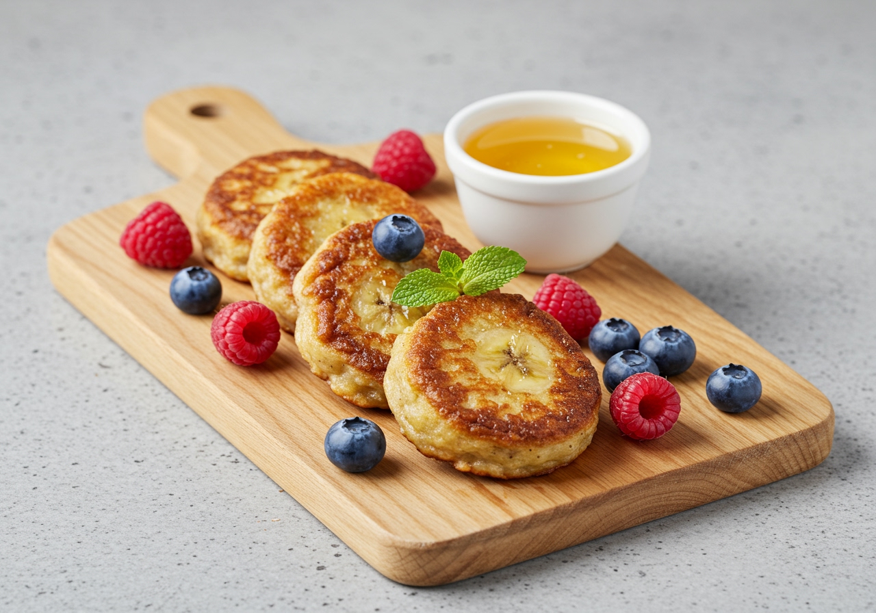 A healthy-looking version of banana fritters, baked or air-fried, presented on a minimalist wooden board. It's garnished with fresh berries (raspberries, blueberries), a sprig of fresh mint, and a small, elegant ceramic bowl of golden honey or light syrup, emphasizing freshness and natural sweetness.