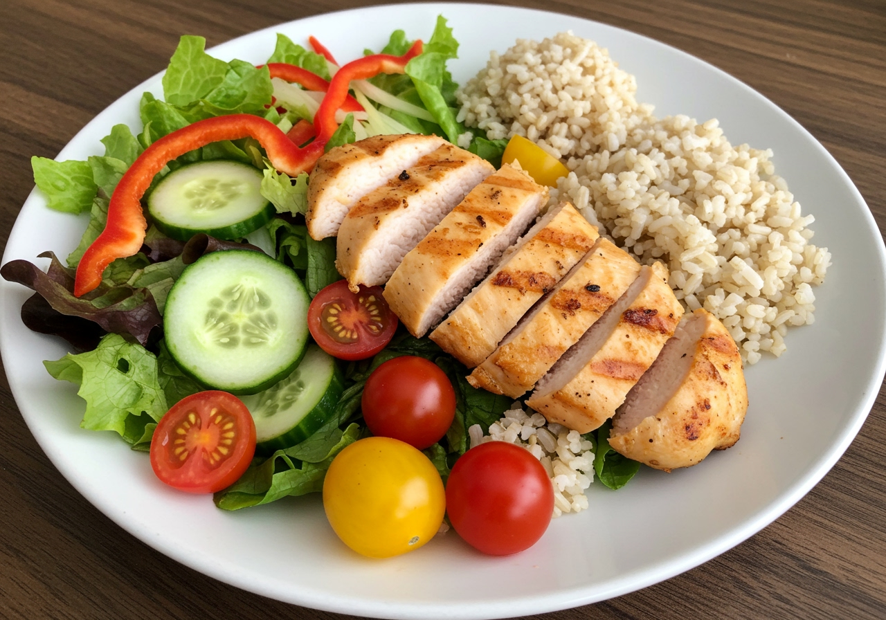 A healthy lunch plate with grilled chicken breast slices over a large salad of mixed greens and vegetables, next to a small portion of brown rice.