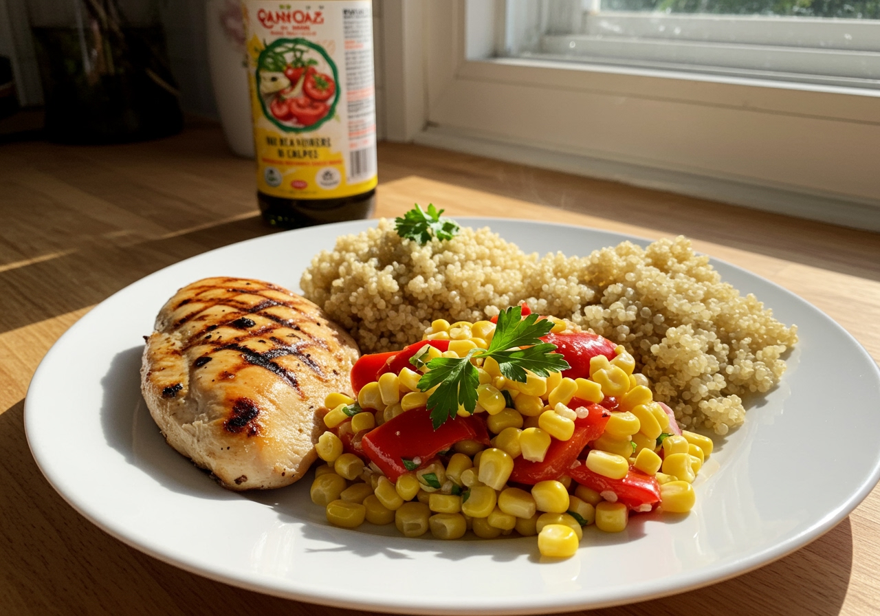 A healthy meal spread, featuring the corn and roasted red pepper salad as a vibrant side dish, alongside a grilled chicken breast and quinoa.