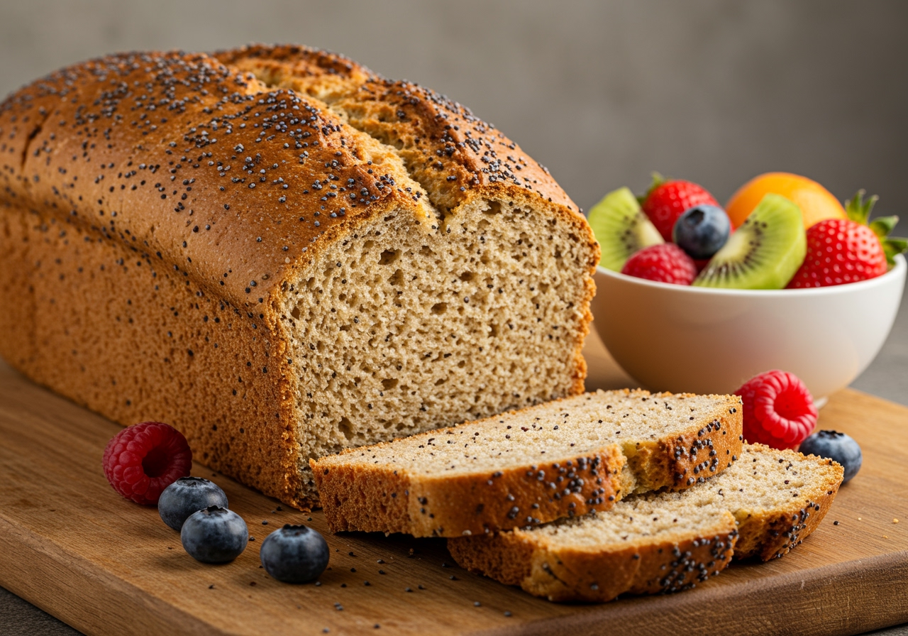 A healthy version of poppy seed bread made with whole wheat flour, with fresh fruit on the side