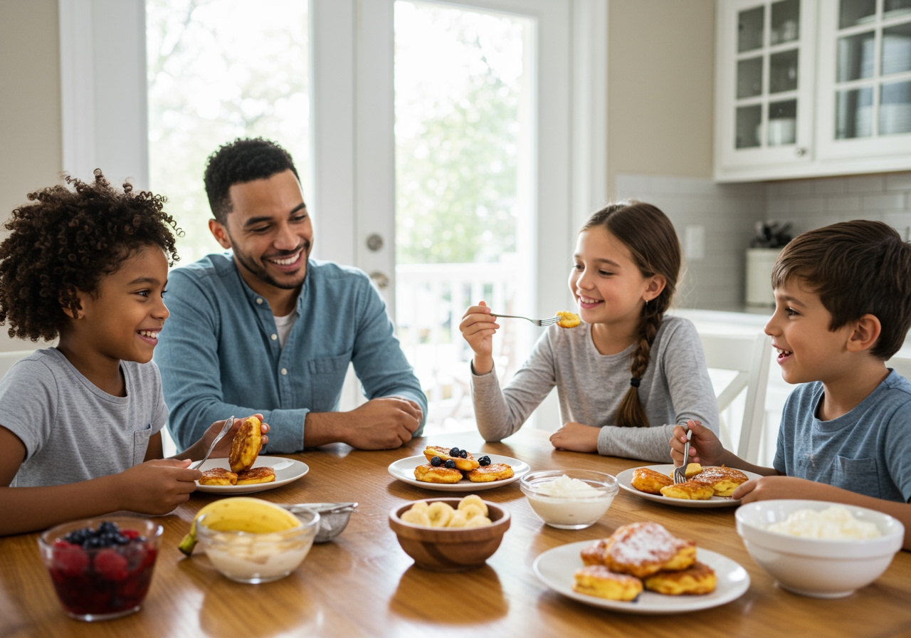 A heartwarming scene of a happy, diverse family (parents and two children of elementary school age) gathered around a bright, sunlit kitchen table, smiling and enjoying plates of banana fritters. There are various toppings like powdered sugar, syrup, and berries on the table, suggesting customization and shared joy.