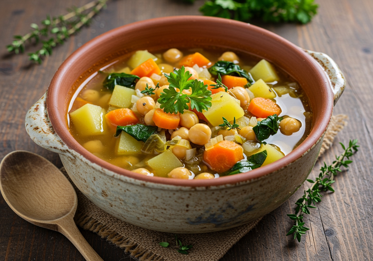 A hearty and colorful chickpea and vegetable soup in a rustic ceramic bowl, garnished with fresh herbs. A wooden spoon rests on the side of the bowl.