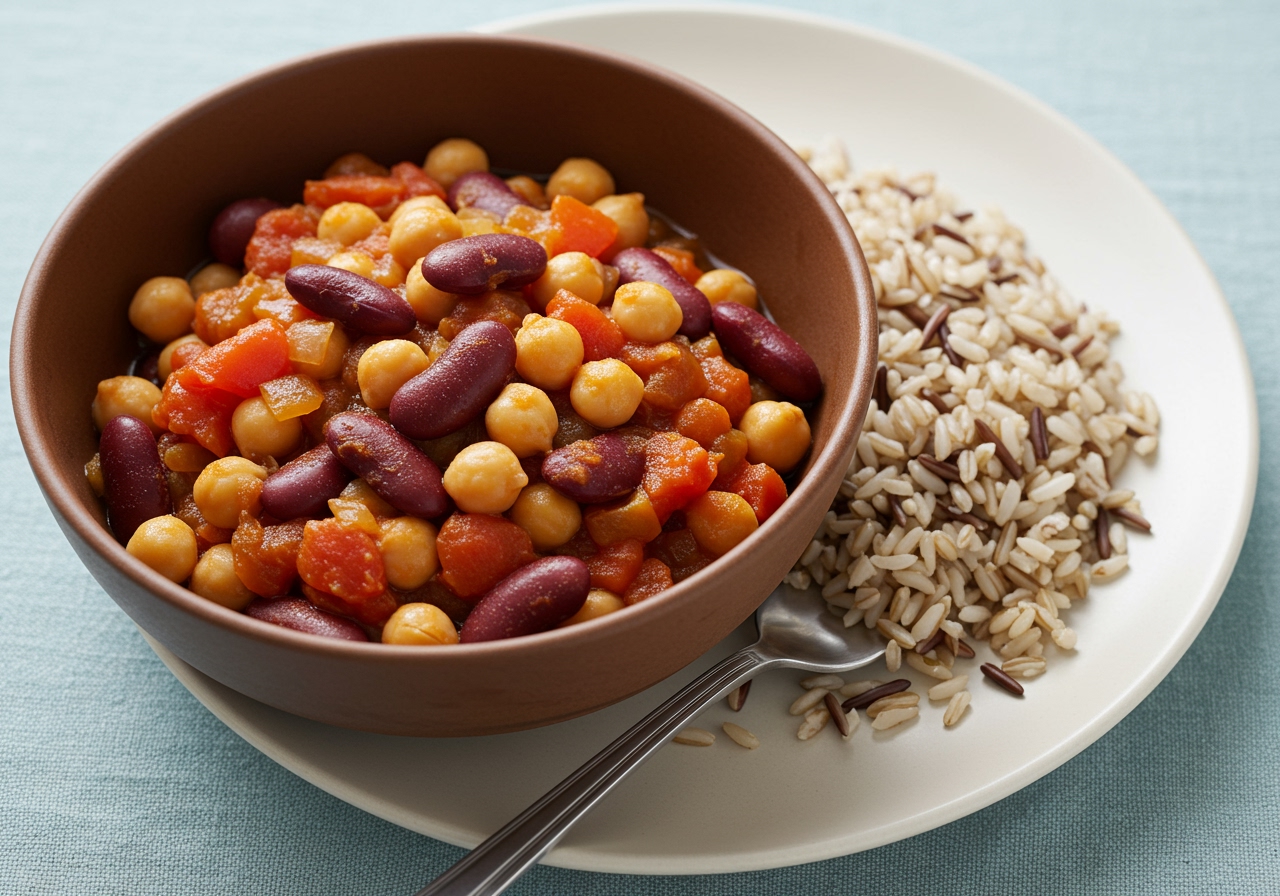 A hearty bowl of chili-like stew made with various beans (like kidney beans, chickpeas, cannellini) and vegetables (tomatoes, onions, peppers), served with a small portion of mixed grain rice. This illustrates a healthy, plant-forward option.
