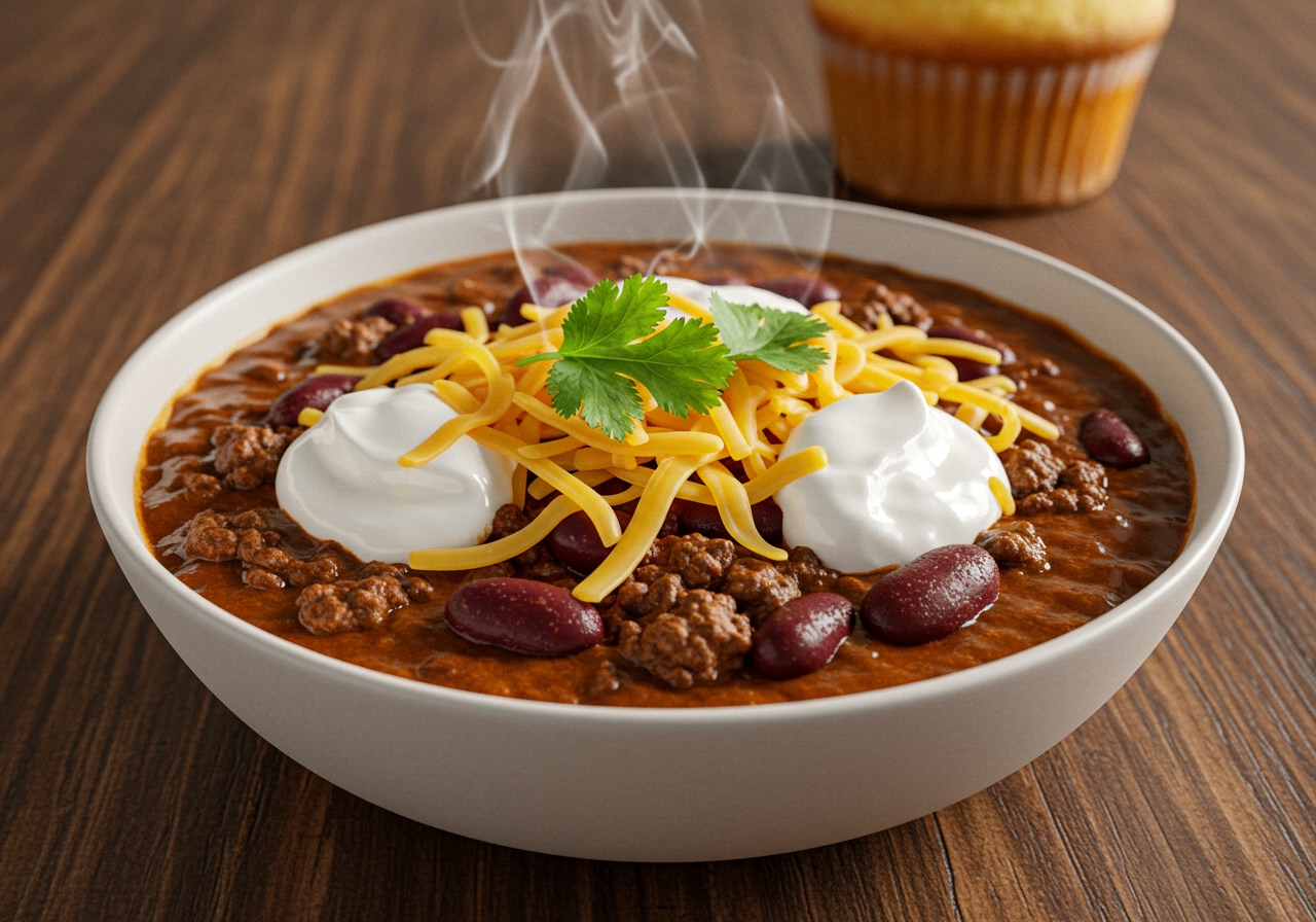 A hearty bowl of homemade chili con carne with steam rising, garnished with shredded cheese, sour cream, and fresh cilantro, on a wooden table with cornbread in the background.