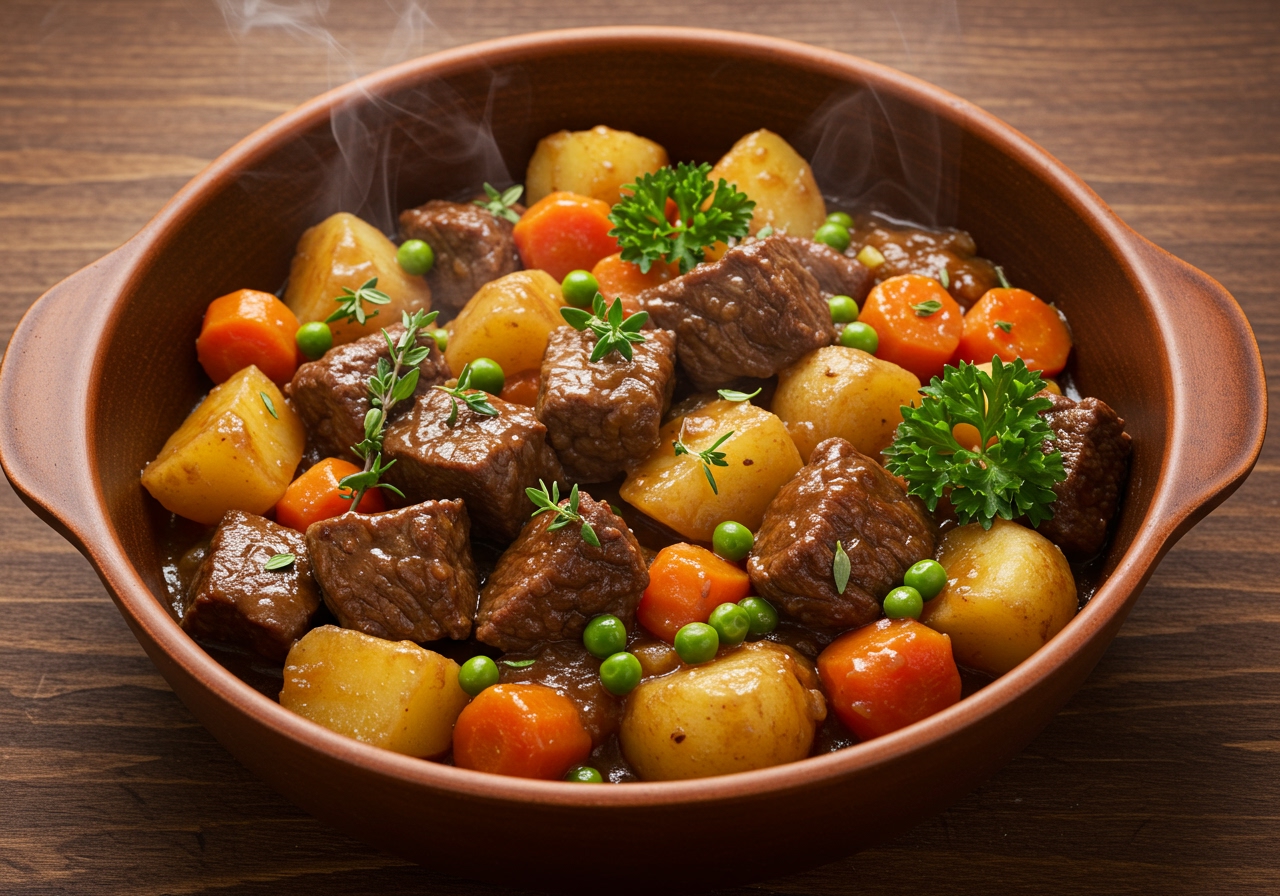 A hearty, steaming beef and vegetable casserole in a rustic ceramic dish, garnished with fresh herbs, viewed from above. Focus on rich colors and comforting warmth.