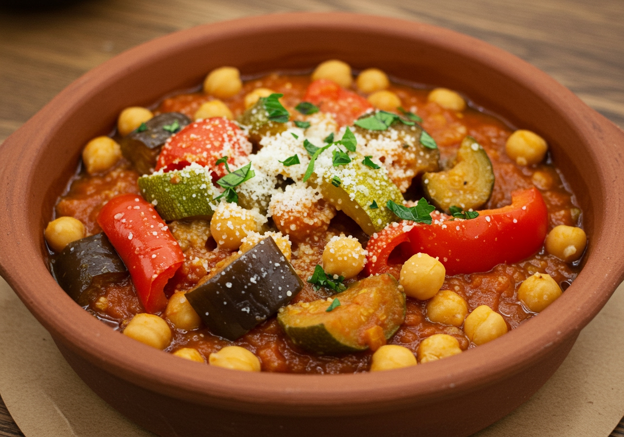 A hearty vegetable and chickpea stew in a rich tomato sauce in a bowl, with chunks of eggplant, bell peppers, and zucchini visible.