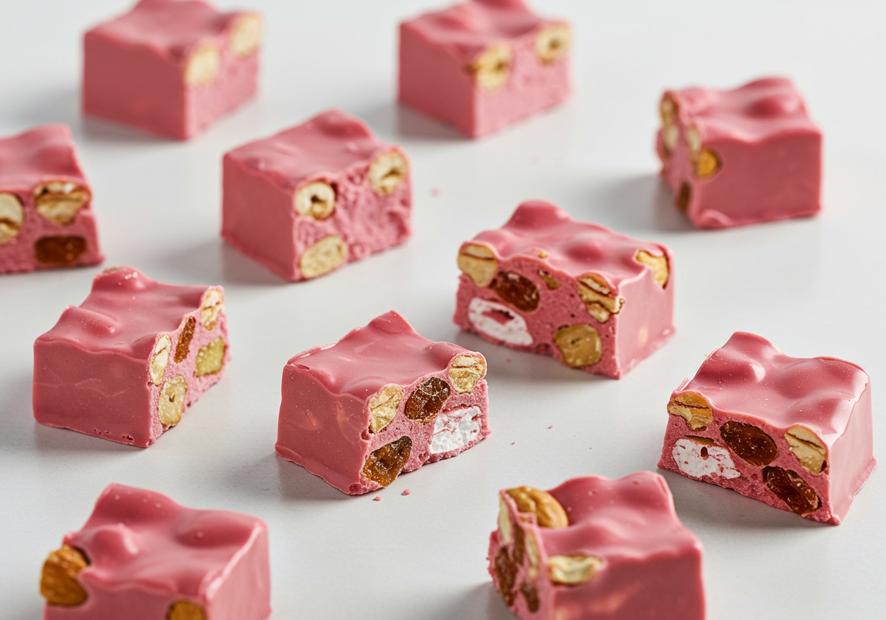A high-angle shot of several colourful pieces of ruby chocolate rocky road scattered on a white background or a pastel serving tray.