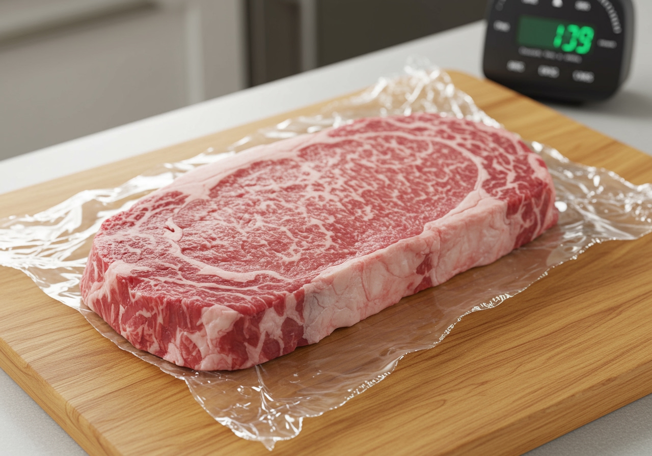 A high-quality raw sirloin steak resting on a cutting board, covered loosely with plastic wrap, at room temperature, with a kitchen timer nearby.