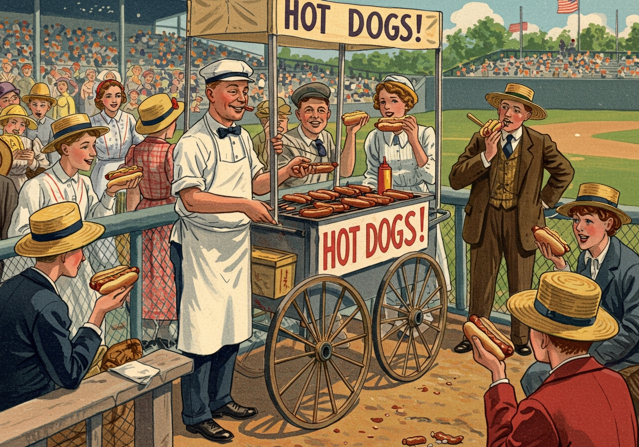 A historical illustration of a hot dog vendor at a baseball game in early 20th century America, with people enjoying hot dogs neatly.