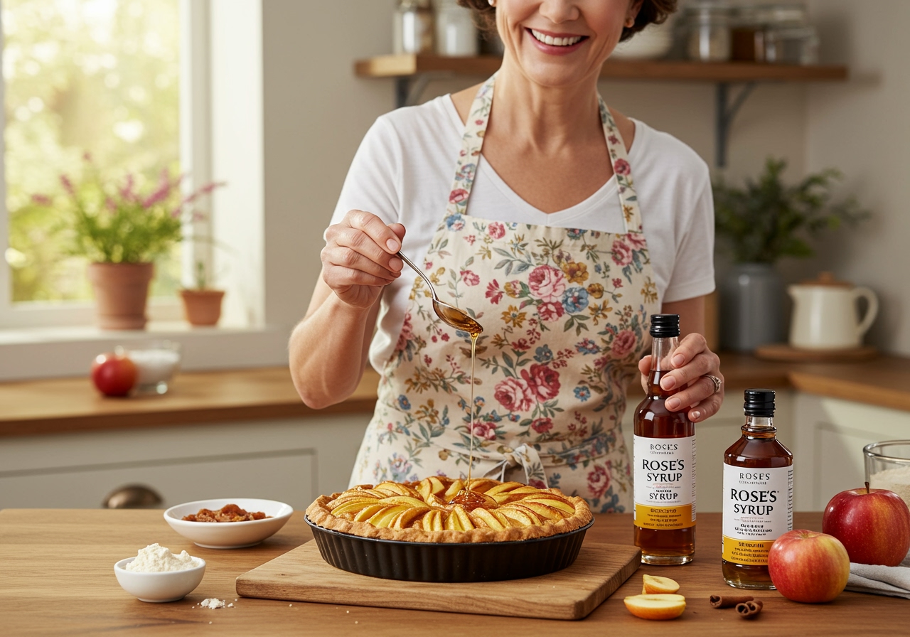 A home cook happily drizzling one of Rose's new syrups over a freshly baked dessert or a prepared dish, showcasing ease of use and the joy of home cooking.