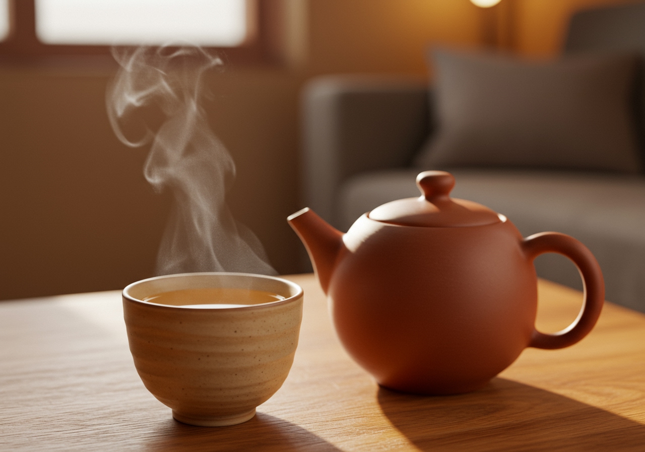 A hot cup of Hatomugi tea steaming gently next to a teapot, conveying warmth and comfort.