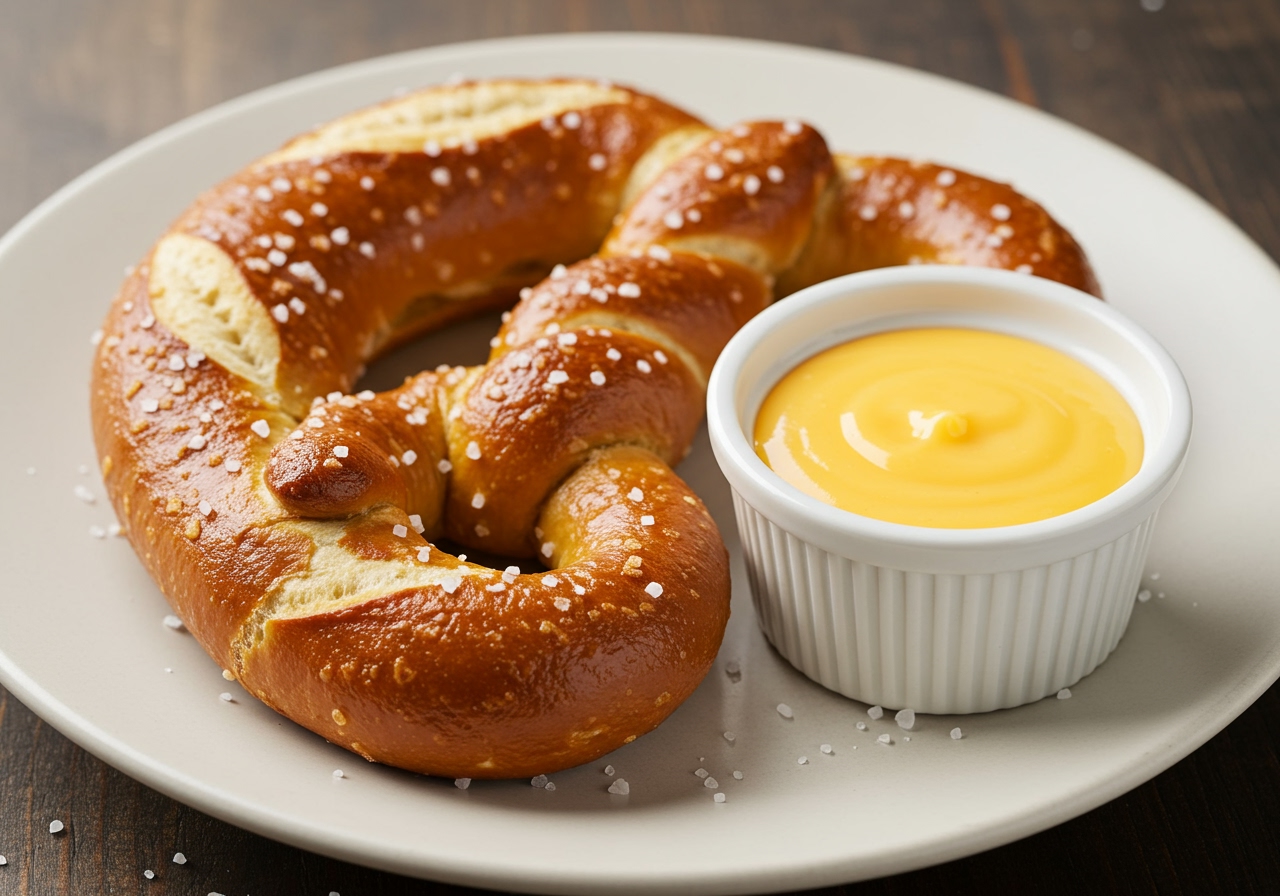 A hot, freshly baked Trader Joe's Soft Pretzel Twist served on a plate, perhaps with a small dish of mustard or cheese sauce.