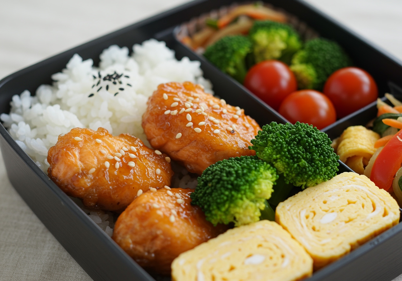 A Japanese bento box packed with rice, salmon teriyaki nuggets, steamed broccoli, cherry tomatoes, and tamagoyaki (rolled omelet).