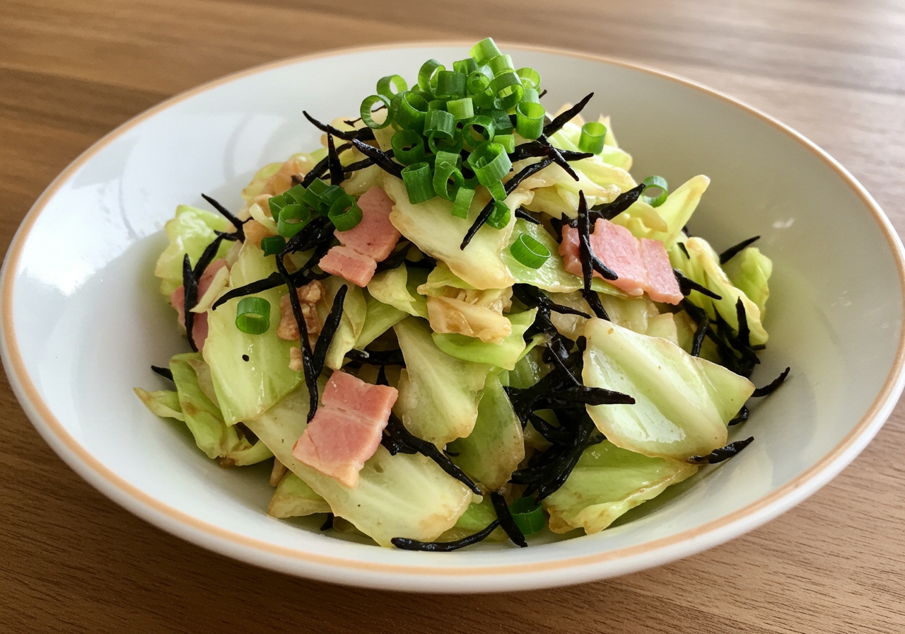 A Japanese-inspired pasta dish with finely chopped cabbage and black hijiki seaweed, possibly with small pieces of bacon or tofu. Tossed in a light brown sauce and topped with green onions.