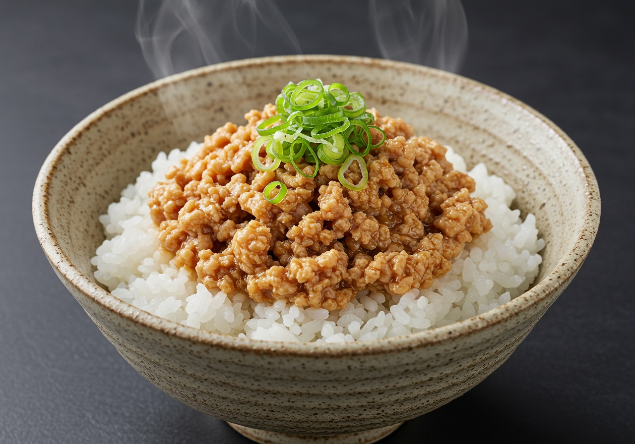 A Japanese-style chicken soboro donburi (minced chicken rice bowl) in a ceramic bowl, topped with finely minced savory chicken and a scattering of finely chopped green onions. Steaming white rice is visible underneath.