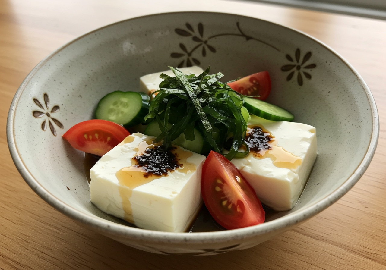 A Japanese-style cold tofu salad with seaweed, cucumber, and tomato, drizzled with a soy-based dressing, served in a traditional ceramic bowl.
