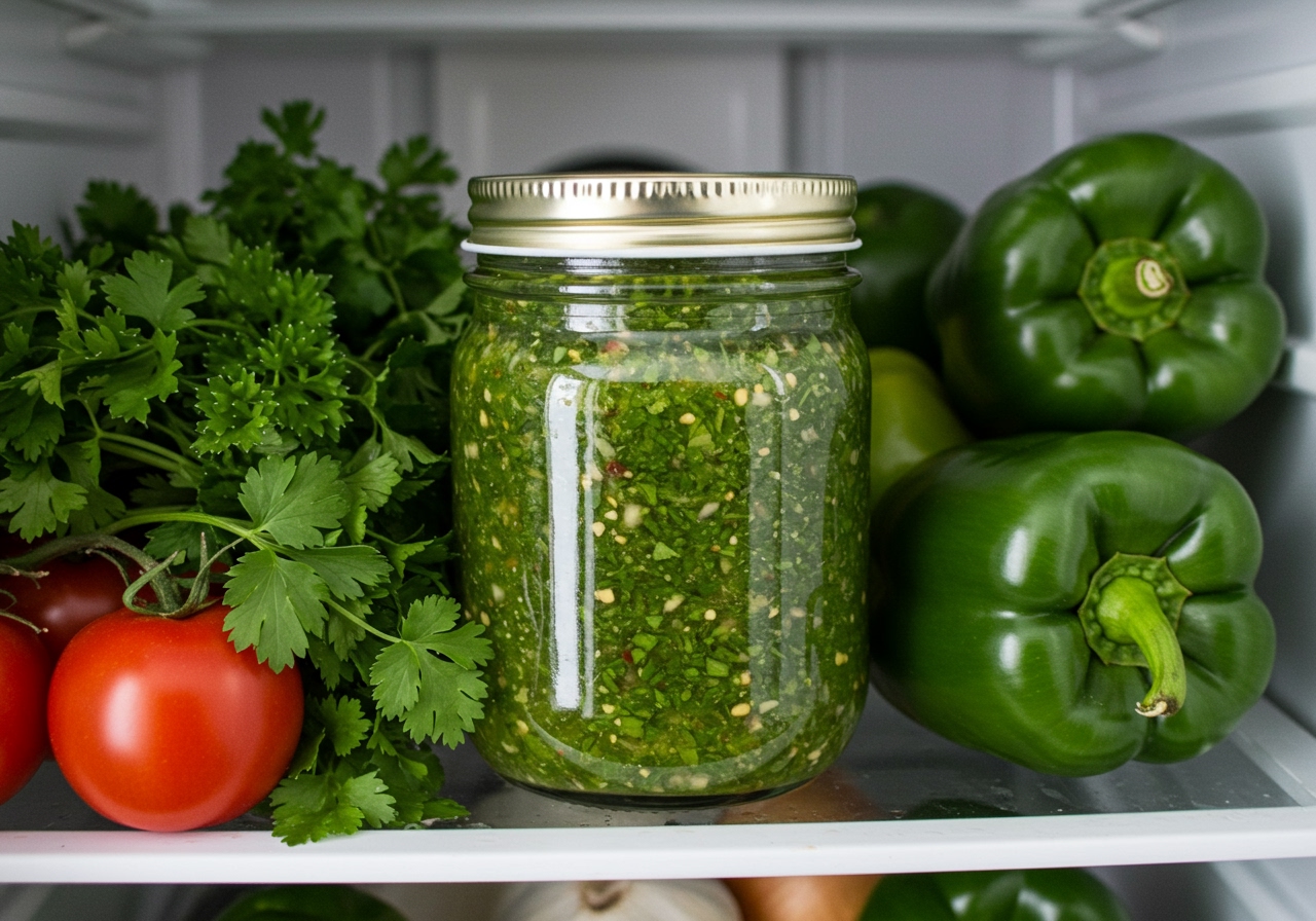 A jar of fresh chimichurri sauce in a refrigerator, surrounded by fresh herbs and vegetables, indicating proper storage.