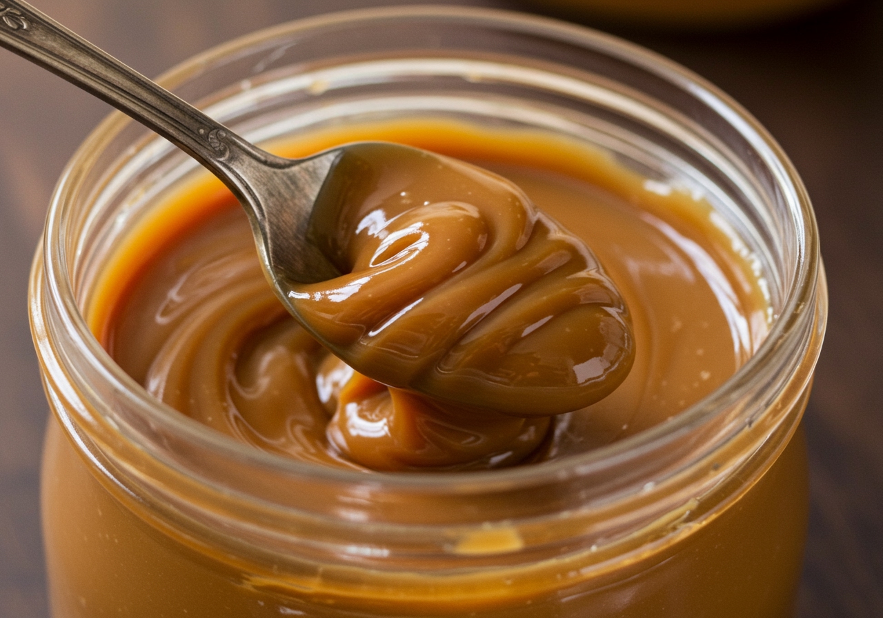 A jar of homemade dulce de leche with a spoon dipping into it, showing its thick, glossy texture.