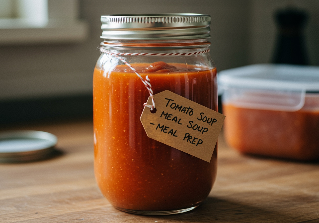 A jar or container filled with the finished soup, labeled for meal prep and ready to be stored.