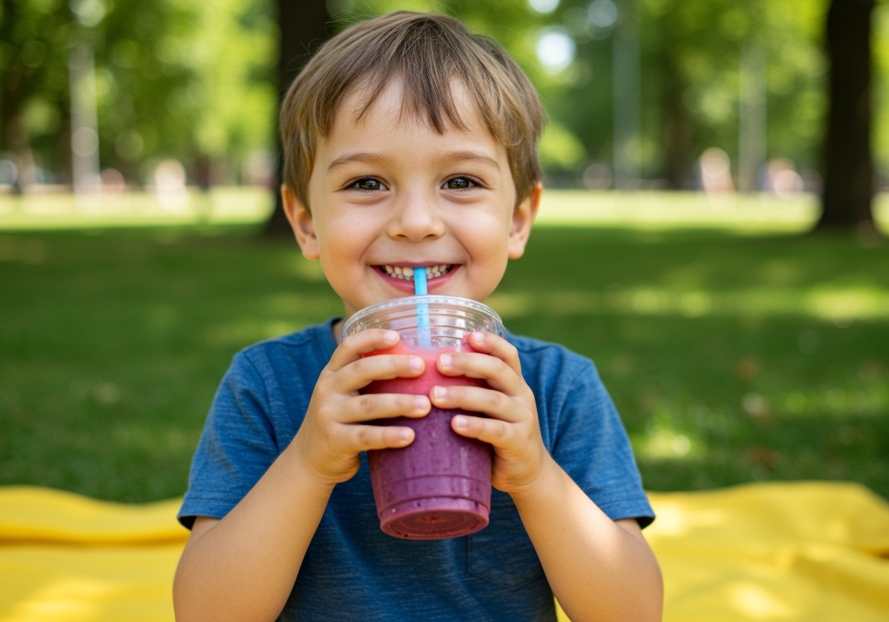 A kid happily drinking a colorful smoothie outdoors