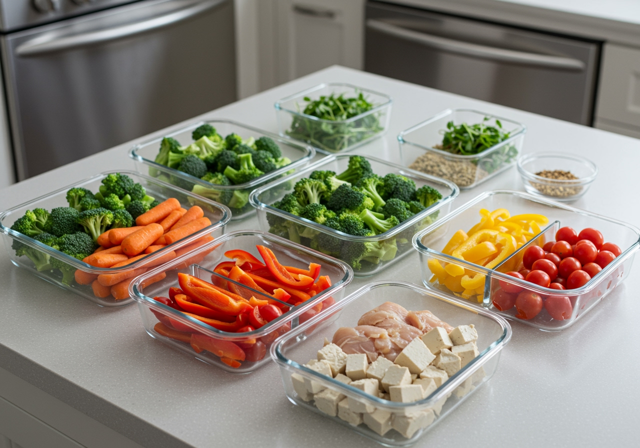 A kitchen counter scene showing various prepped ingredients for sheet pan dinners in containers, representing meal prep.