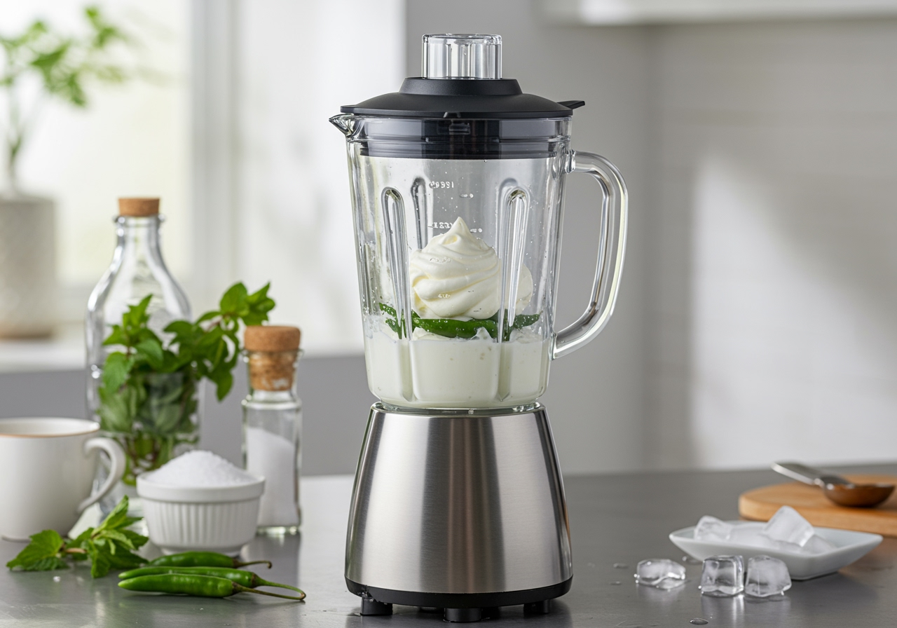 A kitchen counter with a blender containing yogurt, water, and green chilies, ready to be blended into spicy lassi.